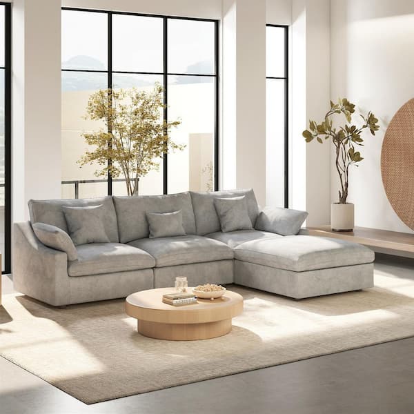 Oversized 119 in. Flared Arm Down Filled Gray Plush Linen Modular L-shaped Cloud Couch Sofa with Ottoman, Washable Cover