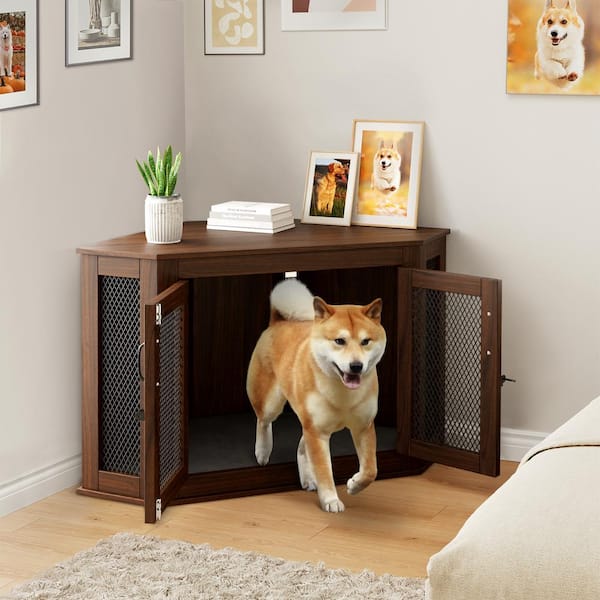 FUFU&GAGA Walnut Corner Dog Crate, Wooden Dog Kennel with Cushion, Indoor Dog Crate Cage for Small Medium Dogs for Limited Room
