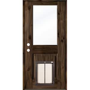 36 in. x 80 in. Right-Hand 1/2 Lite Clear Glass Black Stained Wood Prehung Door with Large Dog Door