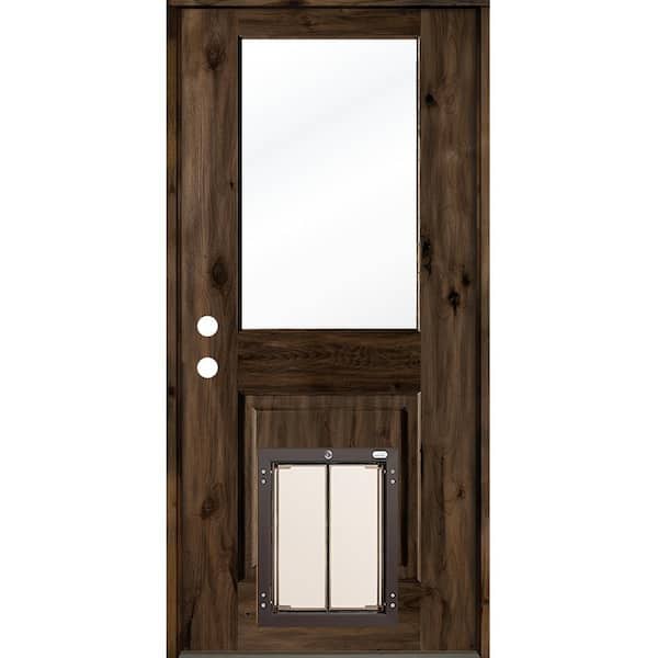Krosswood Doors 36 in. x 80 in. Right-Hand 1/2 Lite Clear Glass Black Stained Wood Prehung Door with Large Dog Door