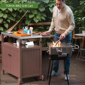Brown Portable Outdoor Grill Cart Prep Table with Storage Waterproof Cabinet Stainless Steel Tabletop Kitchen Island