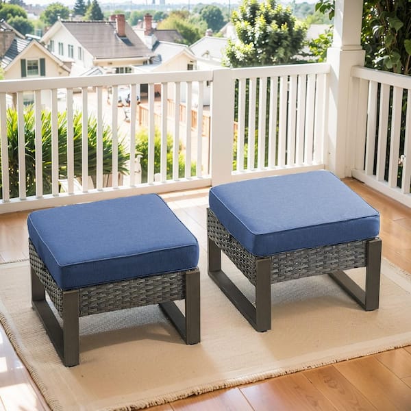 CubeEdge Gray Wicker Outdoor Ottoman with Removable Olefin Blue Cushions Patio Footrest (2-Piece)