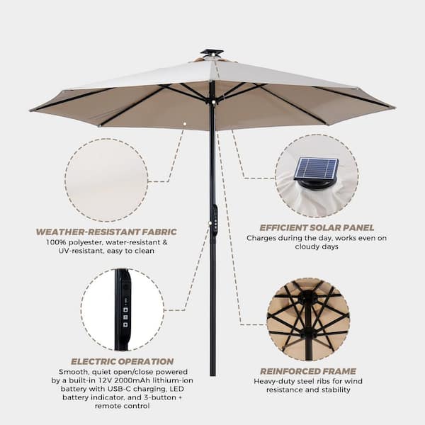 Mondawe 10 ft. Motorized Patio Umbrella with Solar LED Lights in Tan Mondawe 10 ft. Motorized Patio Umbrella with Solar LED Lights in Tan