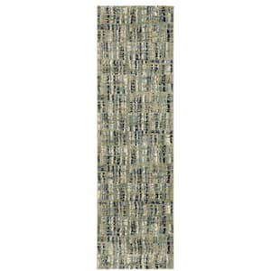 2' X 8' Green Blue Ivory Beige And Light Blue Abstract Power Loom Stain Resistant Runner Rug