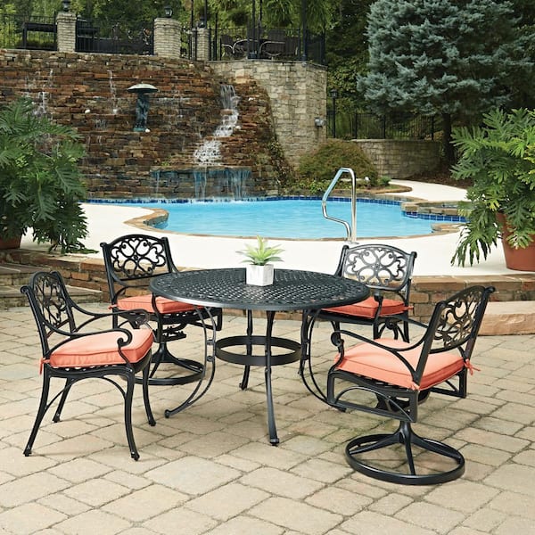 HOMESTYLES Biscayne Black 5-Piece Cast Aluminum Outdoor Dining Set with Coral Cushions