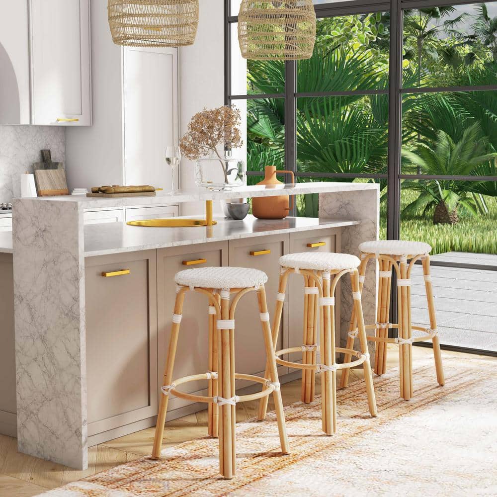 Cote d'Azur 30" Glossy White Round Rattan Bar Stool