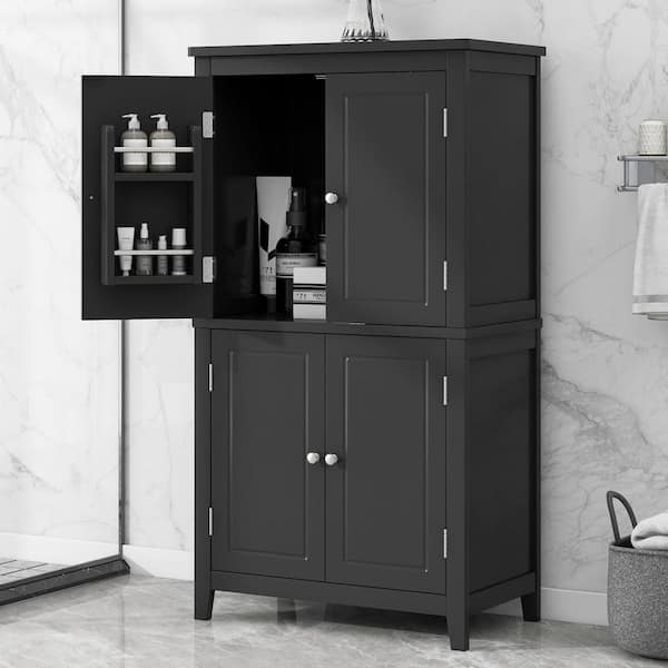 23.6 in. W x 11.8 in. D x 43.3 in. H Black MDF Freestanding Linen Cabinet with Adjustable Shelf