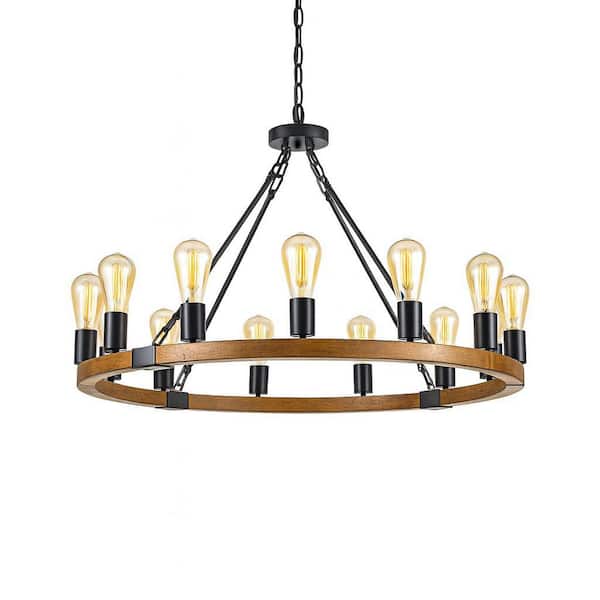 40 in. Brown Wood Wagon Wheel Chandelier, Farmhouse 16-Light High Bay Light (Bulbs not Include)