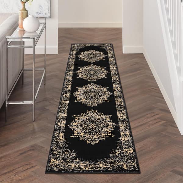 Grafix Black 2 ft. x 12 ft. Persian Medallion Transitional Kitchen Runner Area Rug