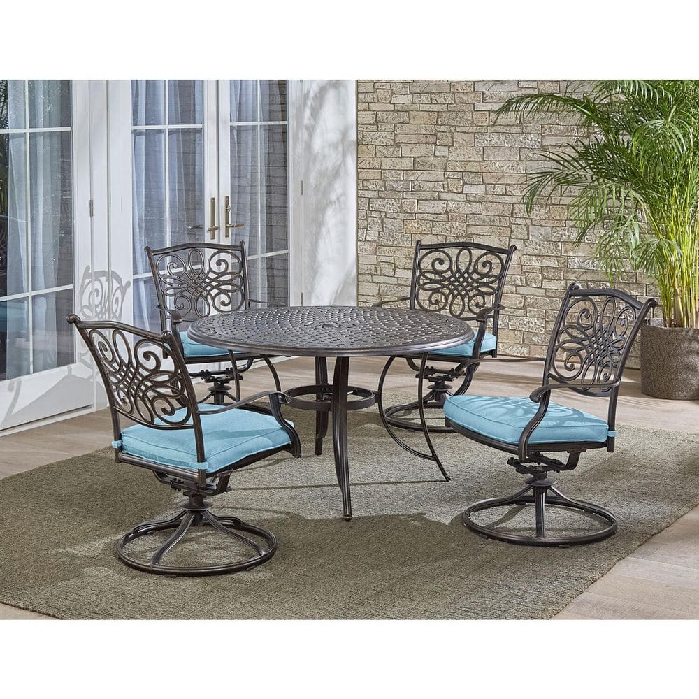 Hanover 5-Piece Blue Cushioned Aluminum Outdoor Dining Set with Swivel Chairs