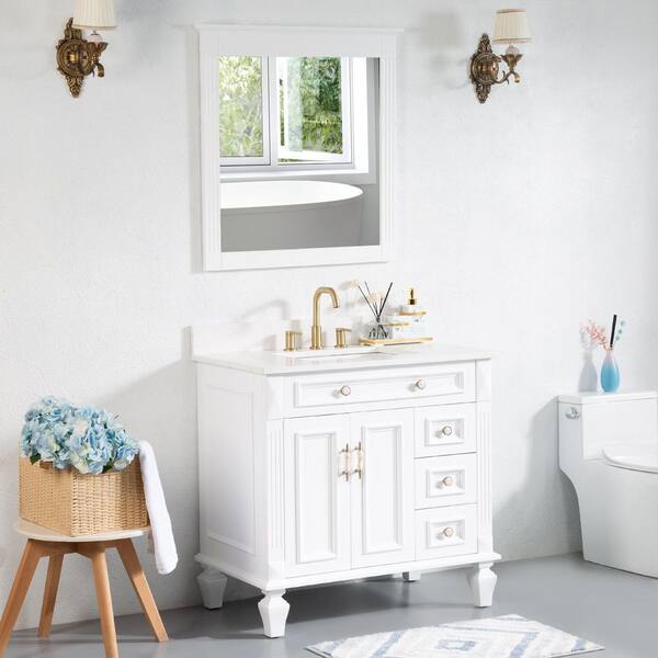 WONLINE 36 In. bathroom vanity set 36-in White Single Sink Bathroom Vanity  with White Wood Top (Mirror and Faucet Included) in the Bathroom Vanities  with Tops department at