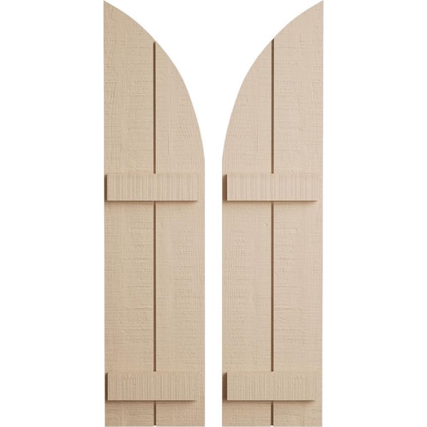 Ekena Millwork 11 in. x 36 in. Polyurethane Rough Cedar Two Board Joined Board-n-Batten Round Arch Top Shutters, Primed Tan