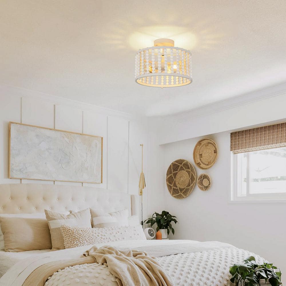 12.6" White Beaded Metal Farmhouse Semi-Flush Mount Light
