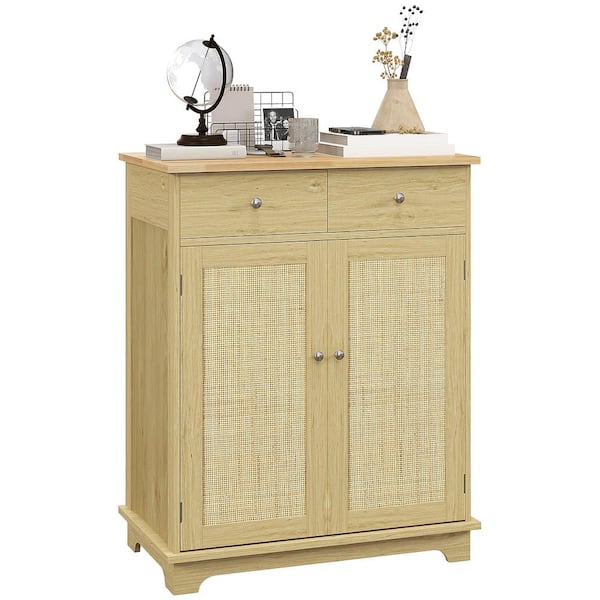 Tileon Sideboard with Solid Wood Countertop, Modern Kitchen Storage Cabinet with 2 Drawers and Adjustable Shelf in Natural