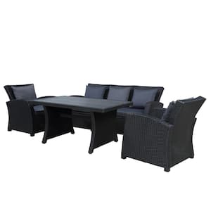 Black and Dark Gray 4-Piece Wicker Outdoor Sofa Sectional Set with Ergonomic Seats and Dark Gray Cushions