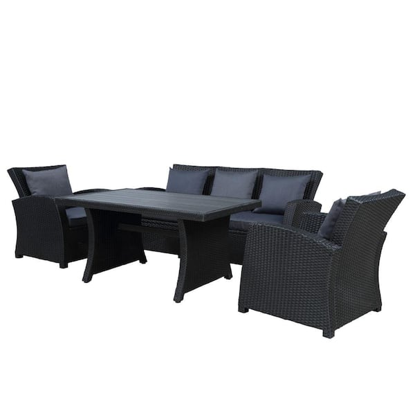 Benjara Black and Dark Gray 4-Piece Wicker Outdoor Sofa Sectional Set with Ergonomic Seats and Dark Gray Cushions