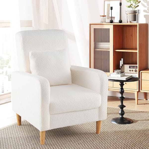 White Accent Chair w/Lumbar Pillow Teddy Fleece Cover Rubber Wood Legs for Living Room