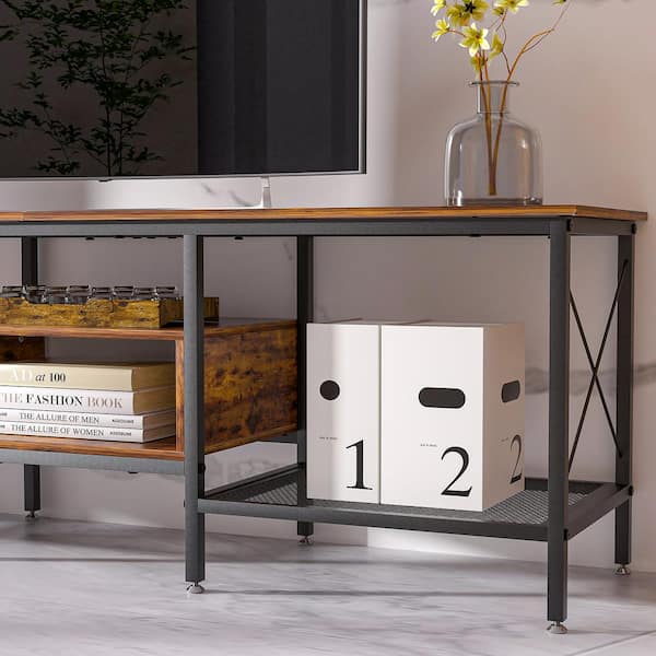 Industrial TV Stand Television Cabinet 3-Tier Console with Open Storage Shelves 63 in. Brown