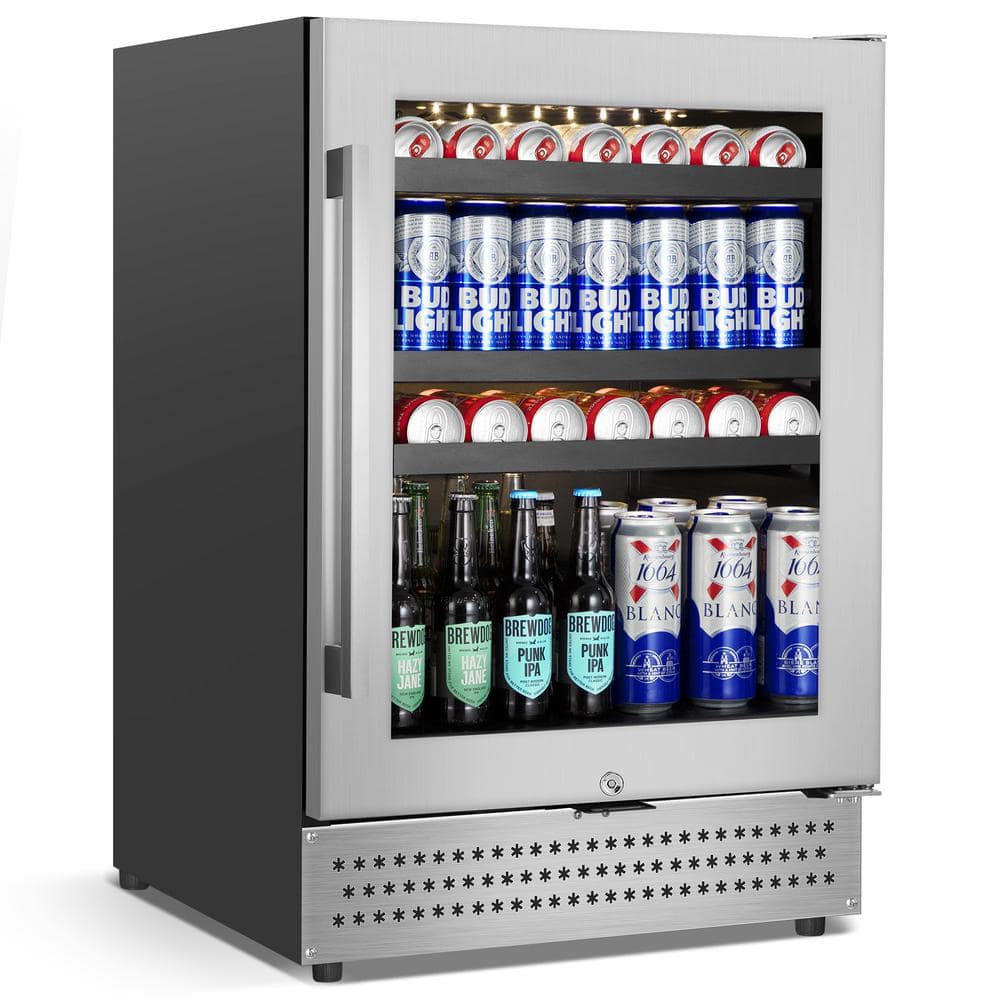TAZPI 24 in. 190 (12 oz.) Can Seamless Single Zone Built-In/Freestanding Beverage Cooler with Childproof Lock, Stainless Steel