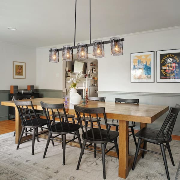 Chloe Modern 5-Light Black Linear Chandelier Kitchen Island Light with Textured Gray Glass