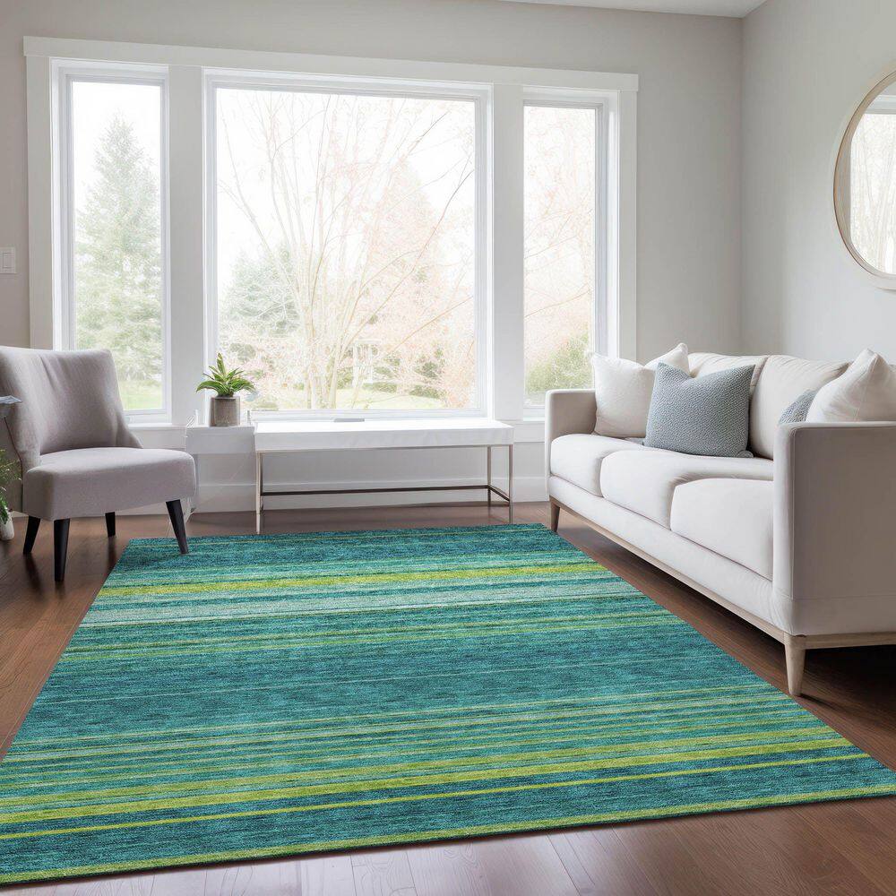 Teal Striped Machine Washable Indoor/Outdoor Rug 3' x 5'