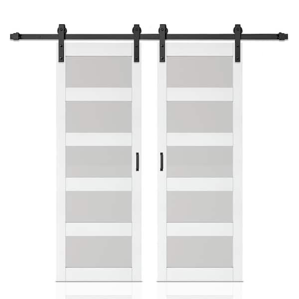 Calhome 60 in. x 84 in. 5 Lite Tempered Frosted Glass White Finished Composite Double Sliding Barn Door with Hardware Kit Handle