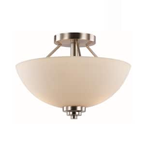 Mod Pod 13.5 in. 2-Light Brushed Nickel Semi-Flush Mount Ceiling Light Fixture with Frosted Glass Shade