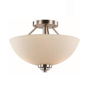 Merra 13 in. 2-Light Brushed Nickel Semi-Flush Mount Light with Fabric ...