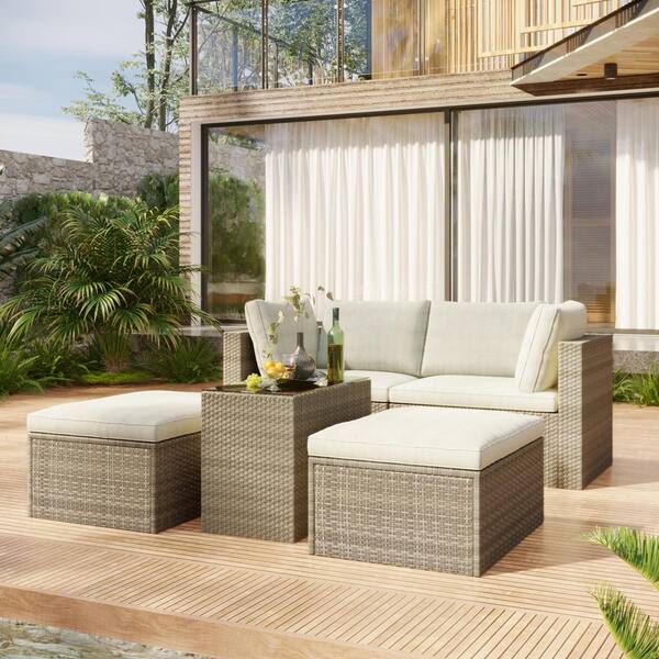 Afoxsos Brown 5-Piece PE Rattan Wicker Patio Set Outdoor Furniture Sectional Sofa Set with Beige Cushions
