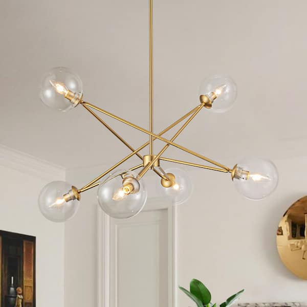 Antonio 6-Light 31.5 in. W Brushed Gold Chandelier Chandelier Sputnik Chandelier with Clear Glass for Living Room