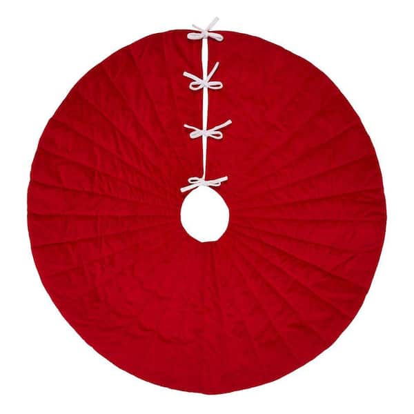 48 in. Red Velvet Quilted Christmas Tree Skirt with White Bow Ties
