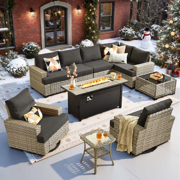 Torino Gray 10-Piece Wicker Outdoor Patio Conversation Sofa Sectional Set with a Metal Fire Pit and Black Cushions