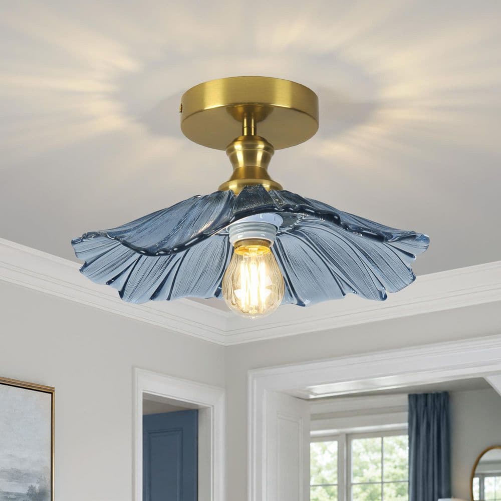 BeamHaven 11 in. Vintage Blue Semi-Flush Mount Ceiling Light with Flower Glass Shade for Hallway, Bedroom price history on PriceWatchPro