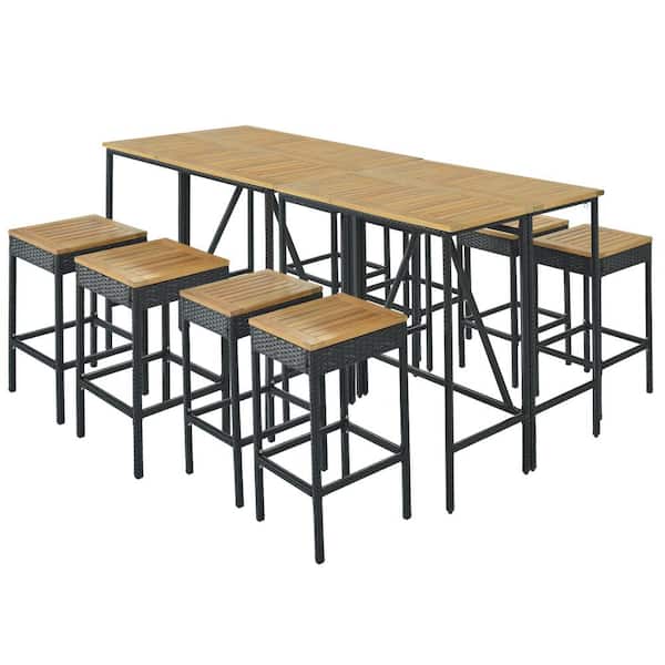 Willit 10-Piece Wicker Outdoor Dining Bar Set with 8 Stools and 2 Wood Table