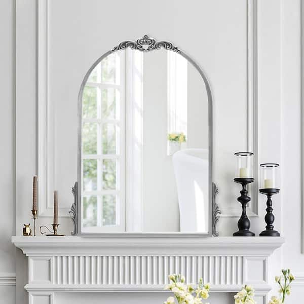 24 in. W x 32 in. H Baroque Arched Classic Metal Framed Antique Silver Mounted Wall Mirror
