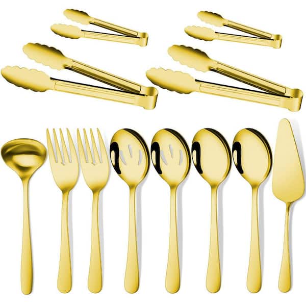 12-Piece Golden Stainless Steel Serving Utensils Set with Spoons, Forks, Tongs, Ladle and Pie Server