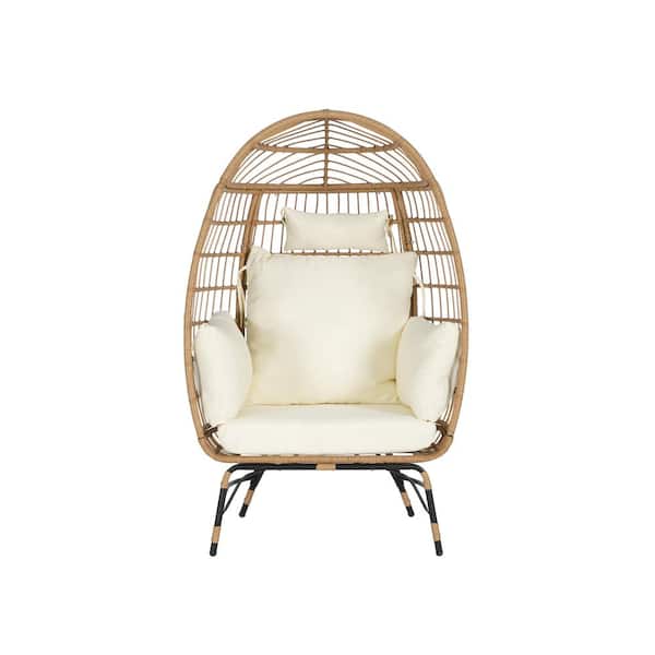 Sudzendf Brown Outdoor Wicker Patio Swing Egg Chair Outdoor Lounger with Beige Cushion