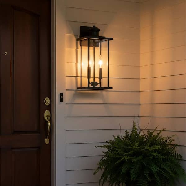 15.25 in. Matte Black Motion Sensing Dusk to Dawn Outdoor Hardwired Wall Lantern Sconce with No Bulbs Included (2-Pack)