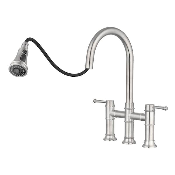 Double Handle Bridge Kitchen Faucet With Pull-Down Spray Head in Brushed Nickel