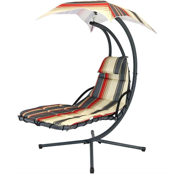 Sunnydaze Decor Steel Outdoor Floating Chaise Lounge Chair with Polyester Modern Lines Cushions and Canopy