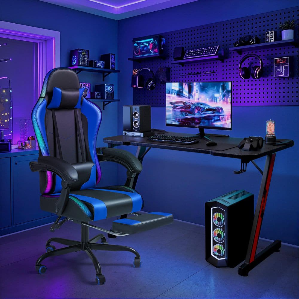 RGB Ergonomic Faux Leather Height Adjustable Reclining Gaming Chair in Blue with Footrest and Massage Lumbar Support