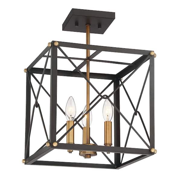 Cordelia Lighting Brooks 13 in. 3-Light Vintage Bronze Semi-Flush Mount with Open Cube Metal Cage Frame