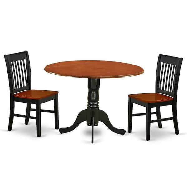 East West Furniture 3-Piece Round Black and Cherry Finish Solid Wood Top Dining Table with 2 Chairs with Drop Leaf Lattice Back