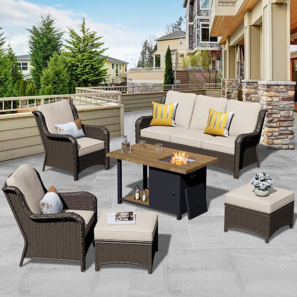 OVIOS Joyo Ung Brown 6-Piece Wicker Outdoor Patio Fire Pit Table Conversation Seating Set with Beige Cushions
