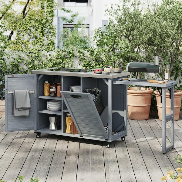 XL エルドレッソ KEEP RUNNING FOR BEER T グレーセット Coporesell Blue Grey Oak Veneer Kitchen Cart with Drop Leaf and