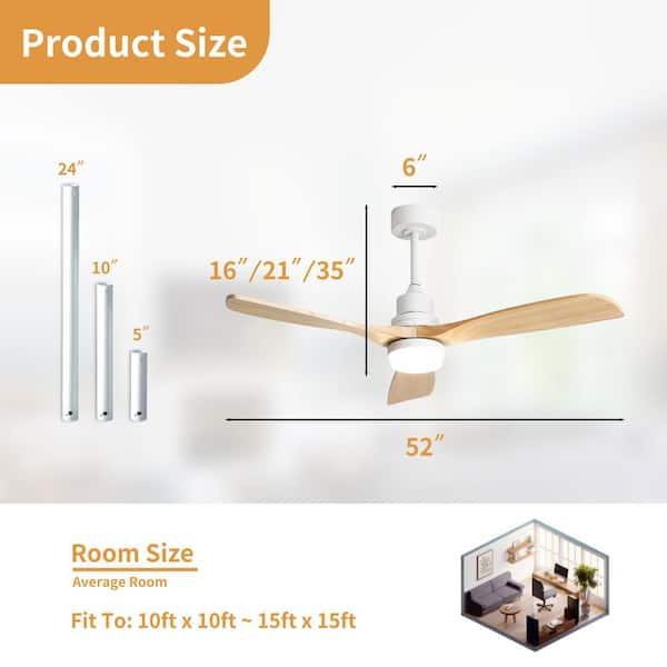 52 in. Integrated LED Indoor Downrod Mount White Standard Ceiling Fan with Dimmable Light and Remote 6-Speed
