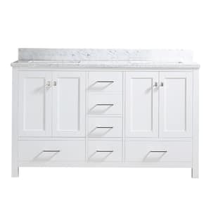 60 in. W Solid Wood Bath Vanity in White with Carrara Marble Top with White Basin, Back Splash, Double Sink, 5 Drawers