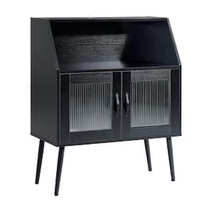 31.5 in. W x 16 in. D x 40 in. H Black Linen Cabinet Buffet Sideboard with 2 Glass Doors and Open Shelf
