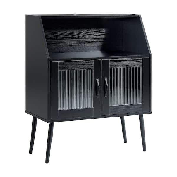 Unbranded 31.5 in. W x 16 in. D x 40 in. H Black Linen Cabinet Buffet Sideboard with 2 Glass Doors and Open Shelf