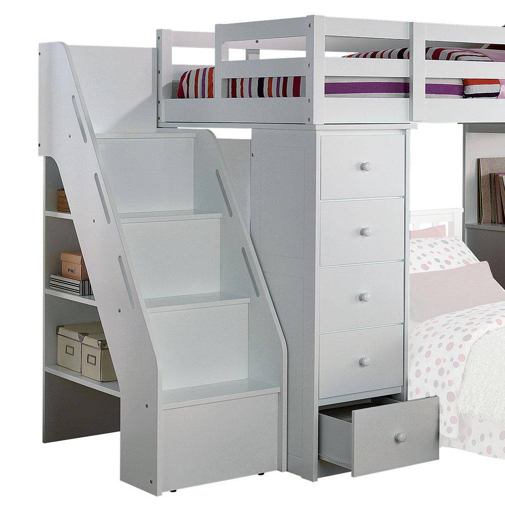 White Twin Loft Bed with Bookcase and Storage Drawers